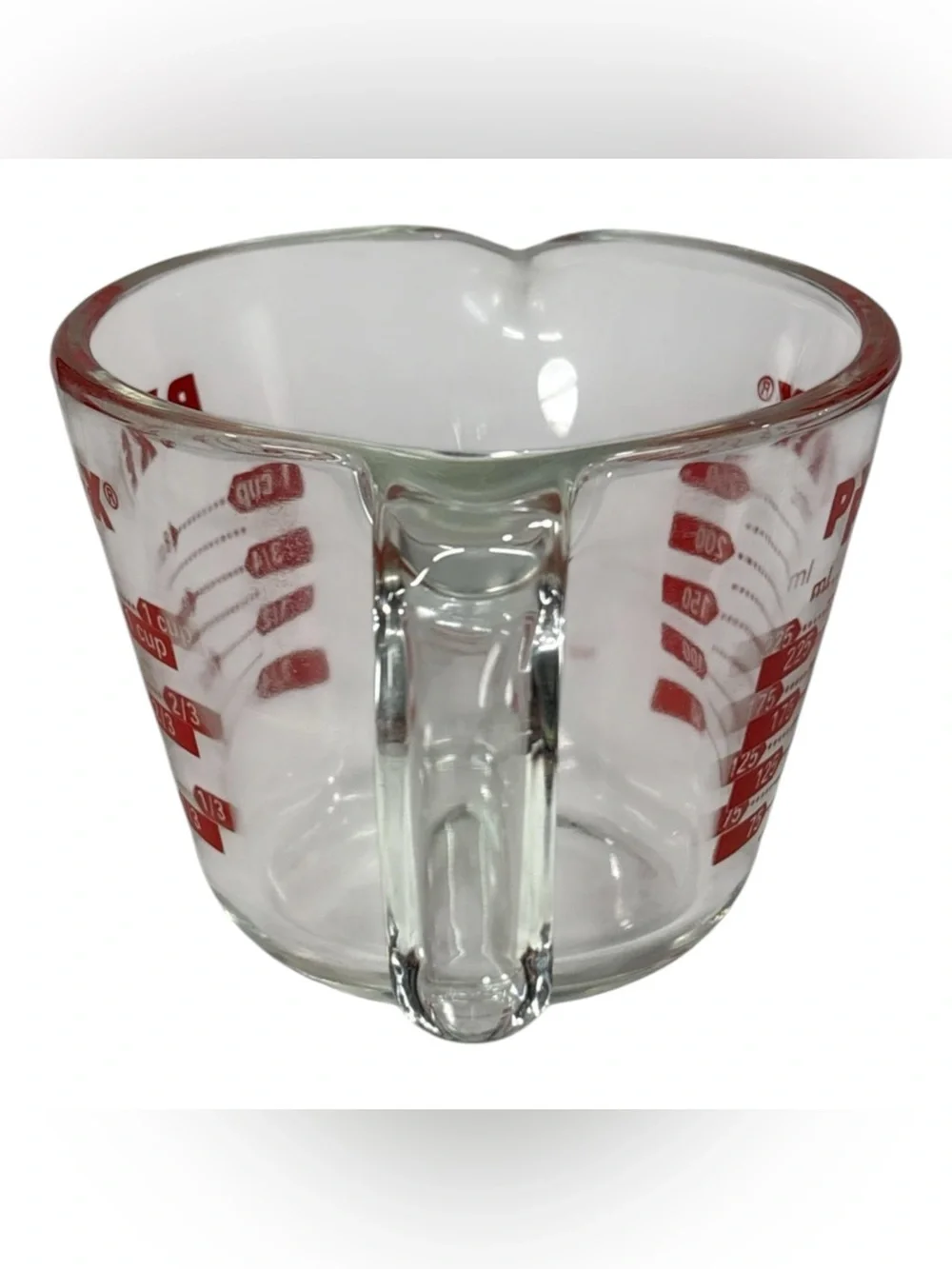 Vintage Pyrex Glass Measuring Cup Red Lettering Open J Handle 1 Cup 8 oz 250 ml